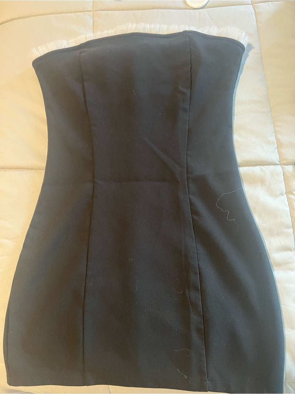 Strapless Black Mini Dress with Fringed Trim by Edikted Sz Med